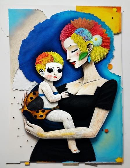 Abstract Mother and Baby Mixed Media Art