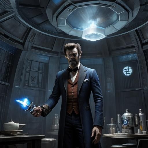 Wolverine as Dr. Who with Grogu, Horror Style