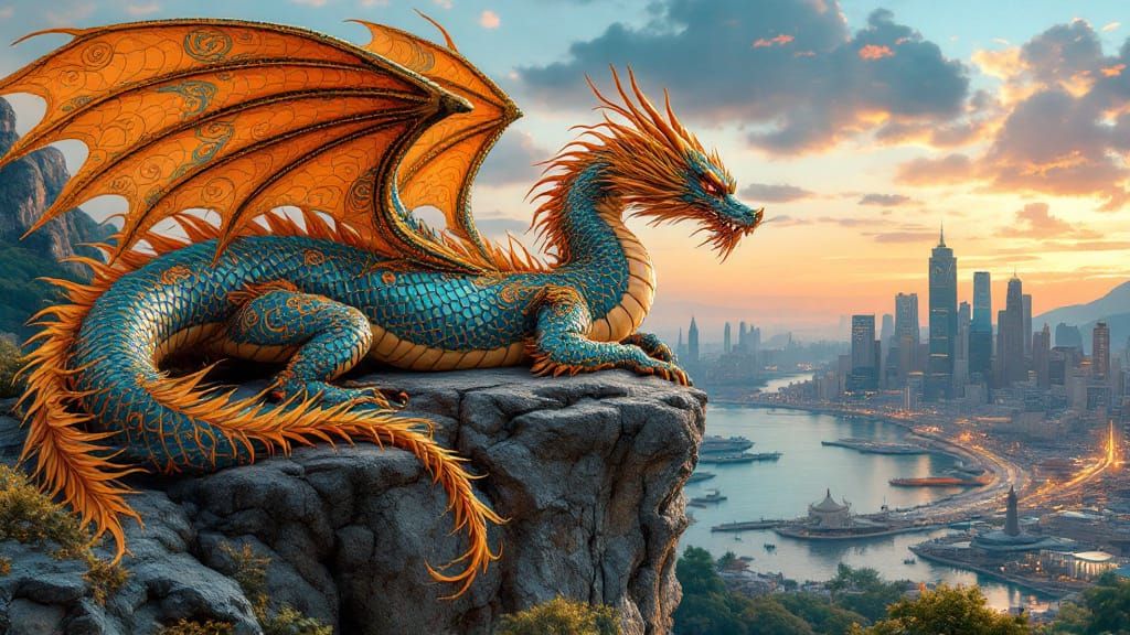Dragon Over Cityscape at Sunset in Cloisonné Style