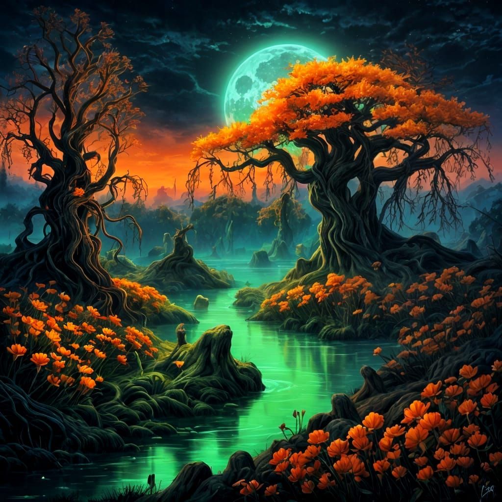 Bioluminescent Moon Garden in Modern Sci-Fi Style