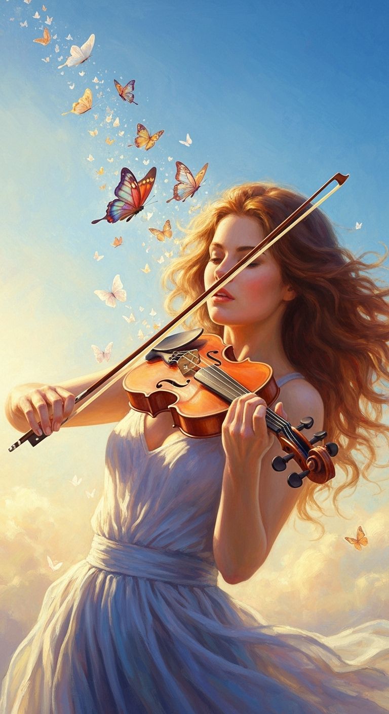 Woman Playing Violin with Butterflies in Golden Morning Ligh...