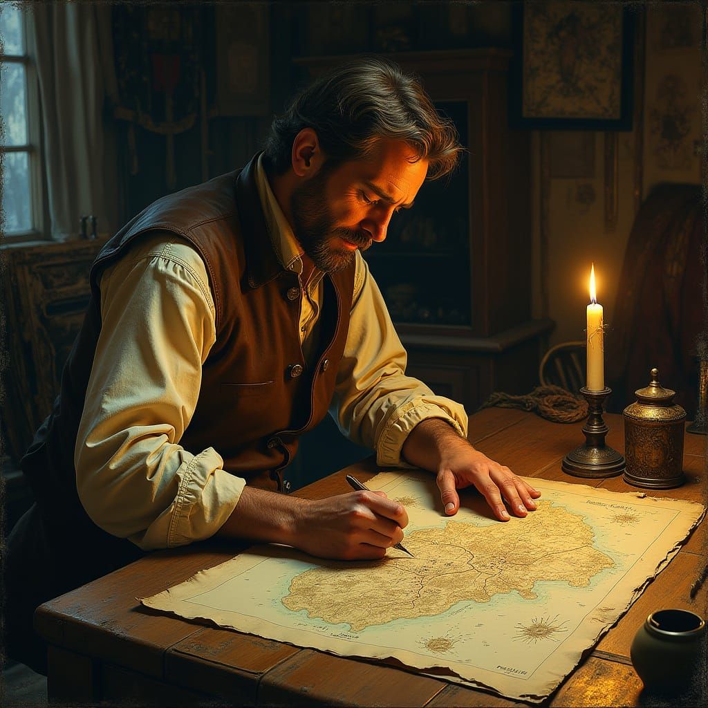 Mapmaker Charting Unexplored Lands in Dramatic Realism