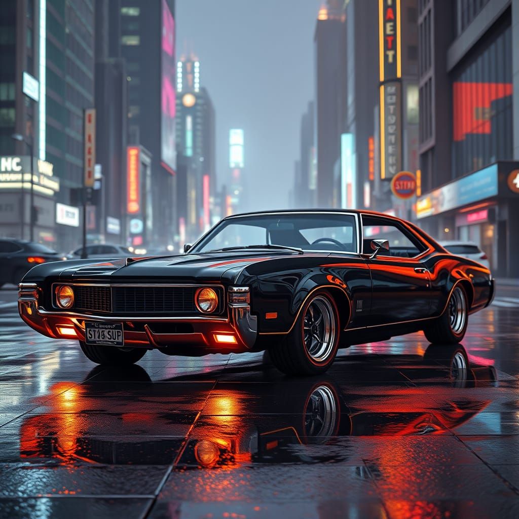 Cyberpunk Buick Riviera GS in Neon Cityscape