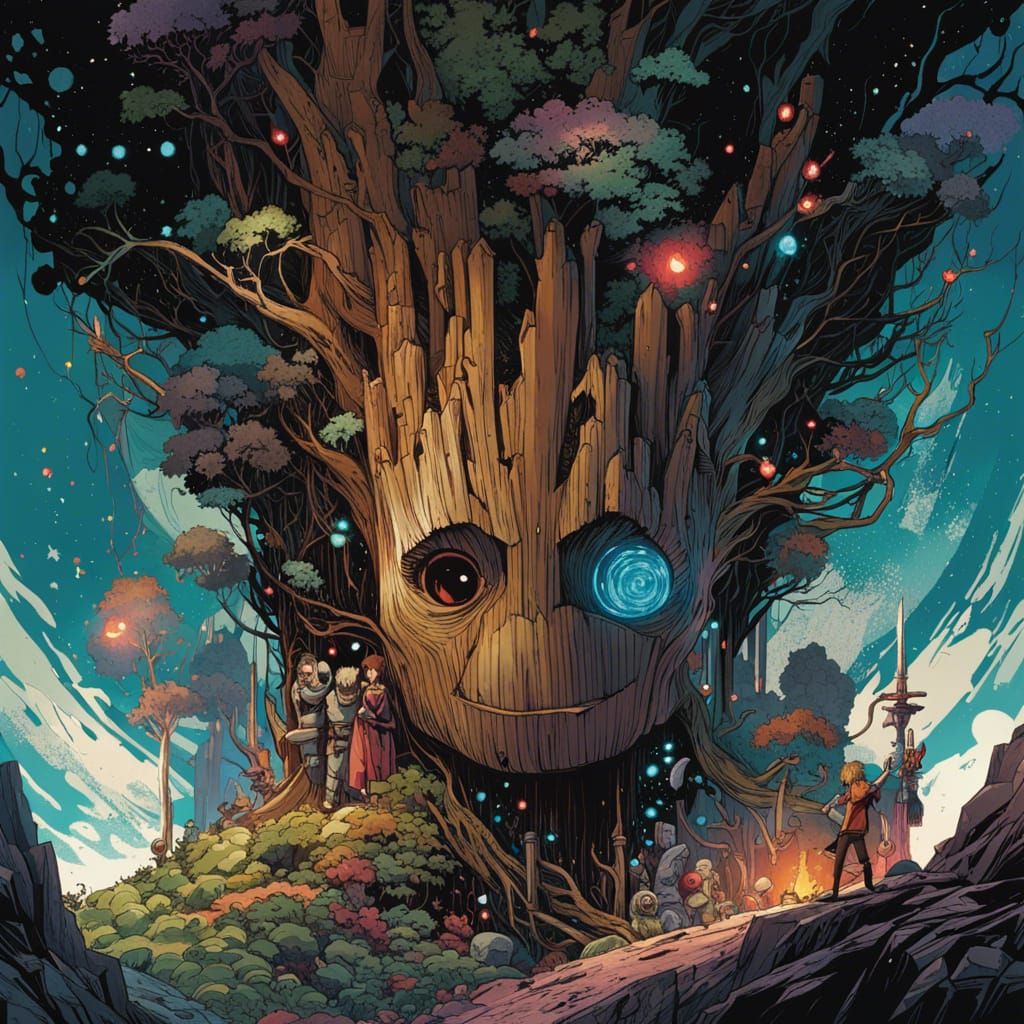 Groot in Dark Fantasy Landscape: Digital Anime Art