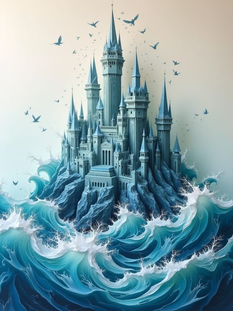 Origami Castle Rises from Ocean in Dye-Transfer Style