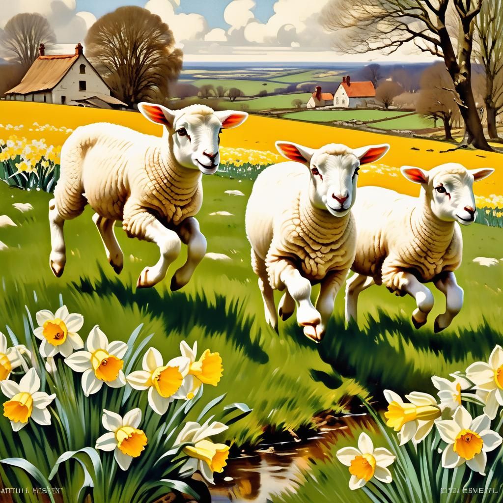 Playful Lambs in Daffodil Meadow: Pastoral Art