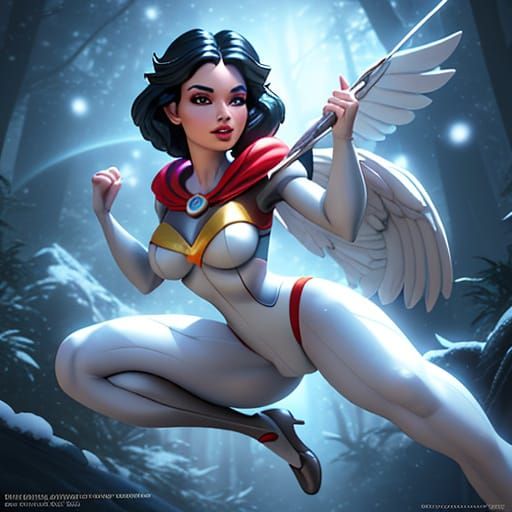 Superhero Snow White swooping down and rescuing forest anima...