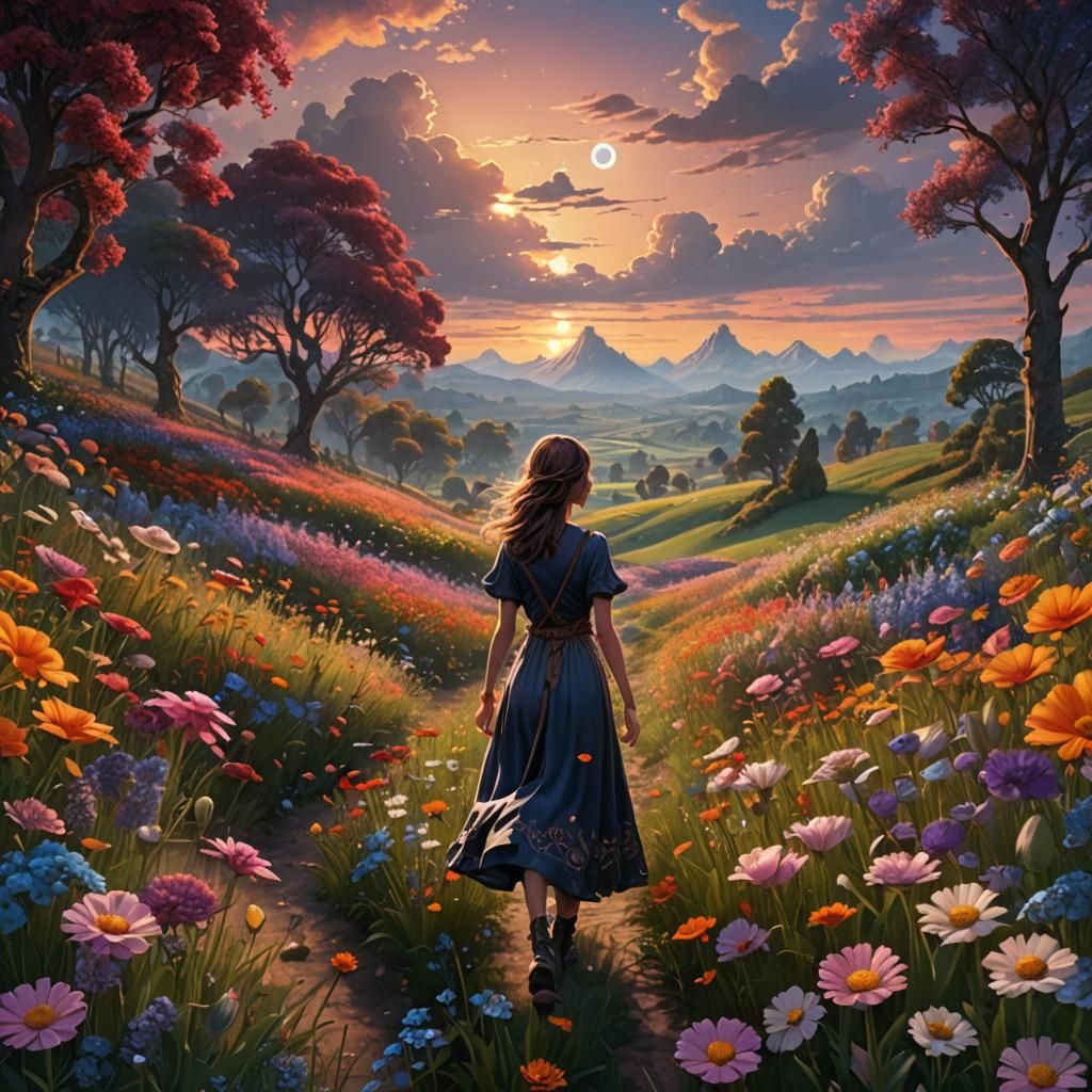 Dawn Field of Flowers with Girl: Fantasy Concept Art