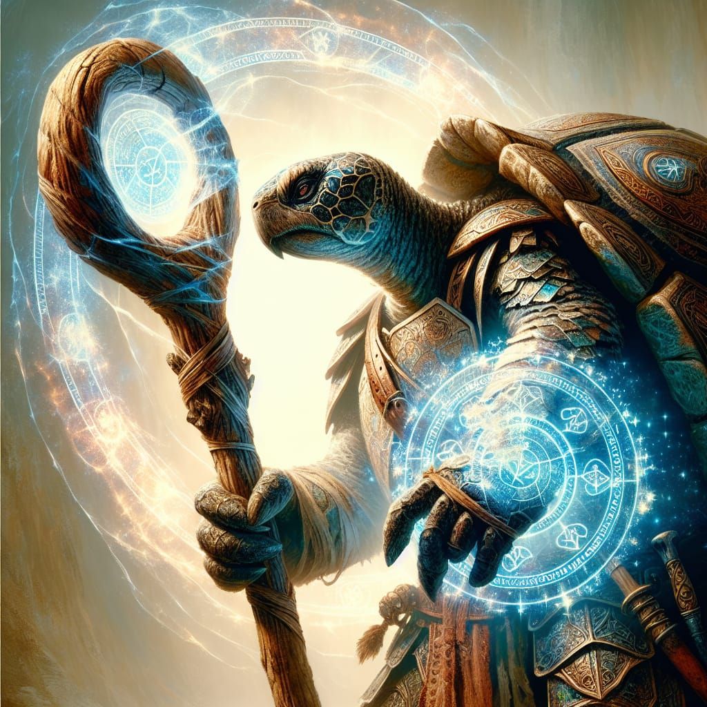 Tortle person with bumpy shell from d&d with quarterstaff and casting healing spells