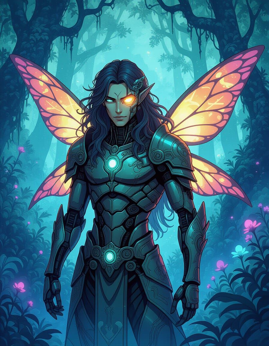 Cyborg Fairy in Bioluminescent Forest, Psychedelic Watercolo...