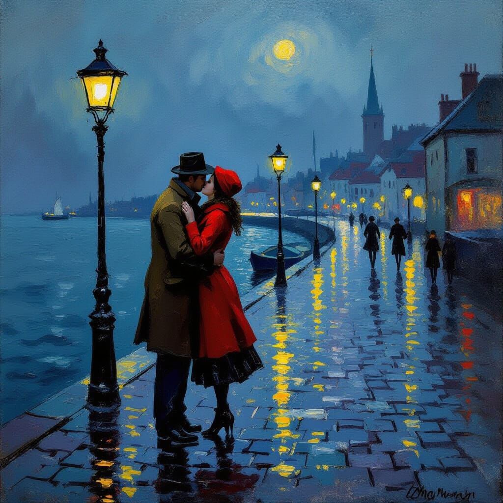 Impressionist Oil Painting Of A Couple Kissing On A Rainy Do...