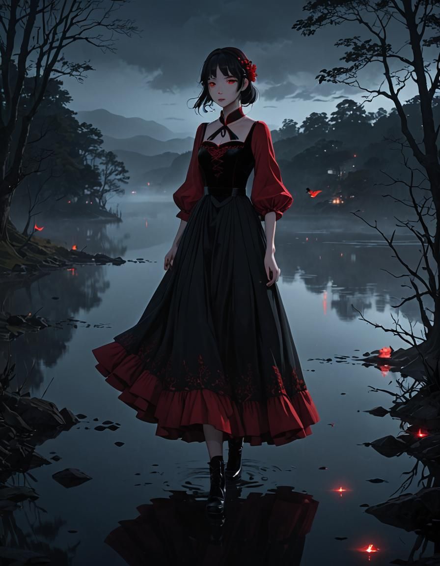 Eerie Red-Eyed Figure in Ruby Dress: 3D Anime Art