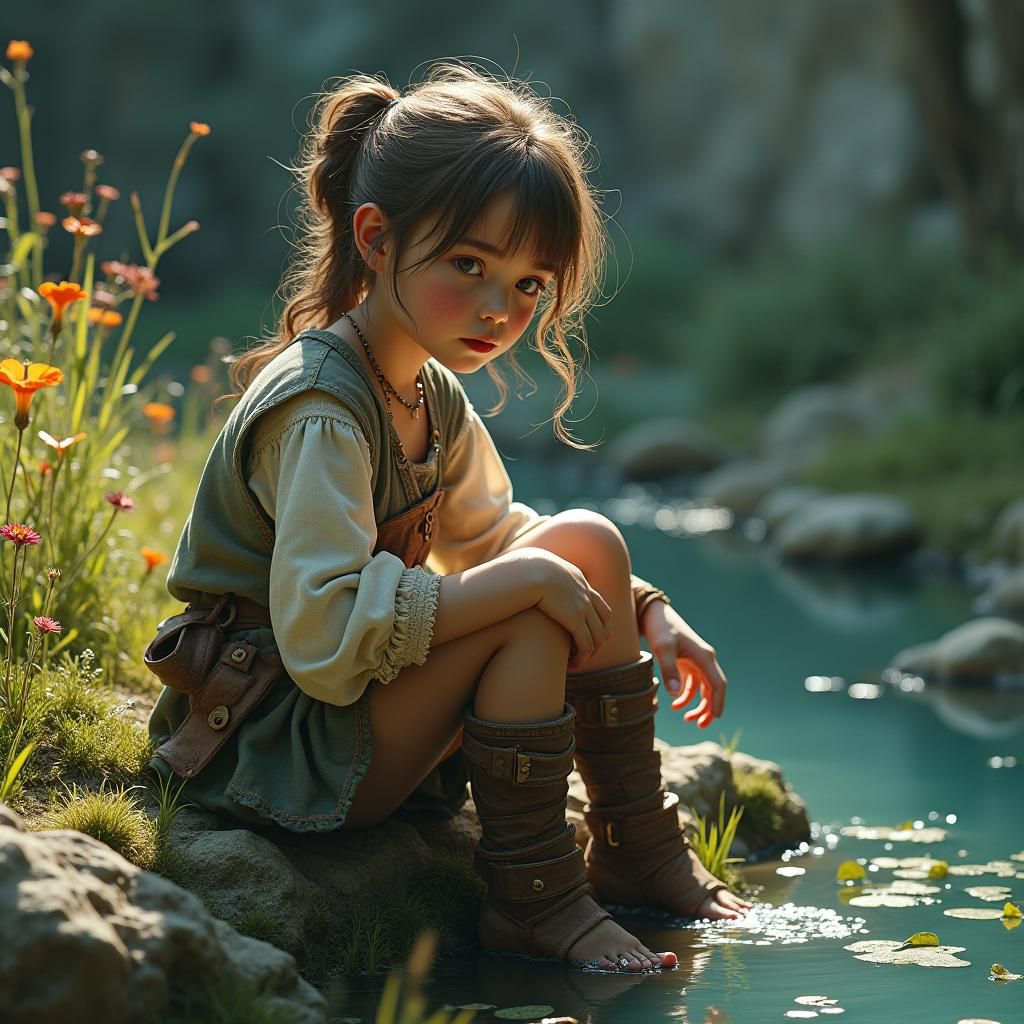 Melancholy Girl by Serene Pond in Mystical Setting