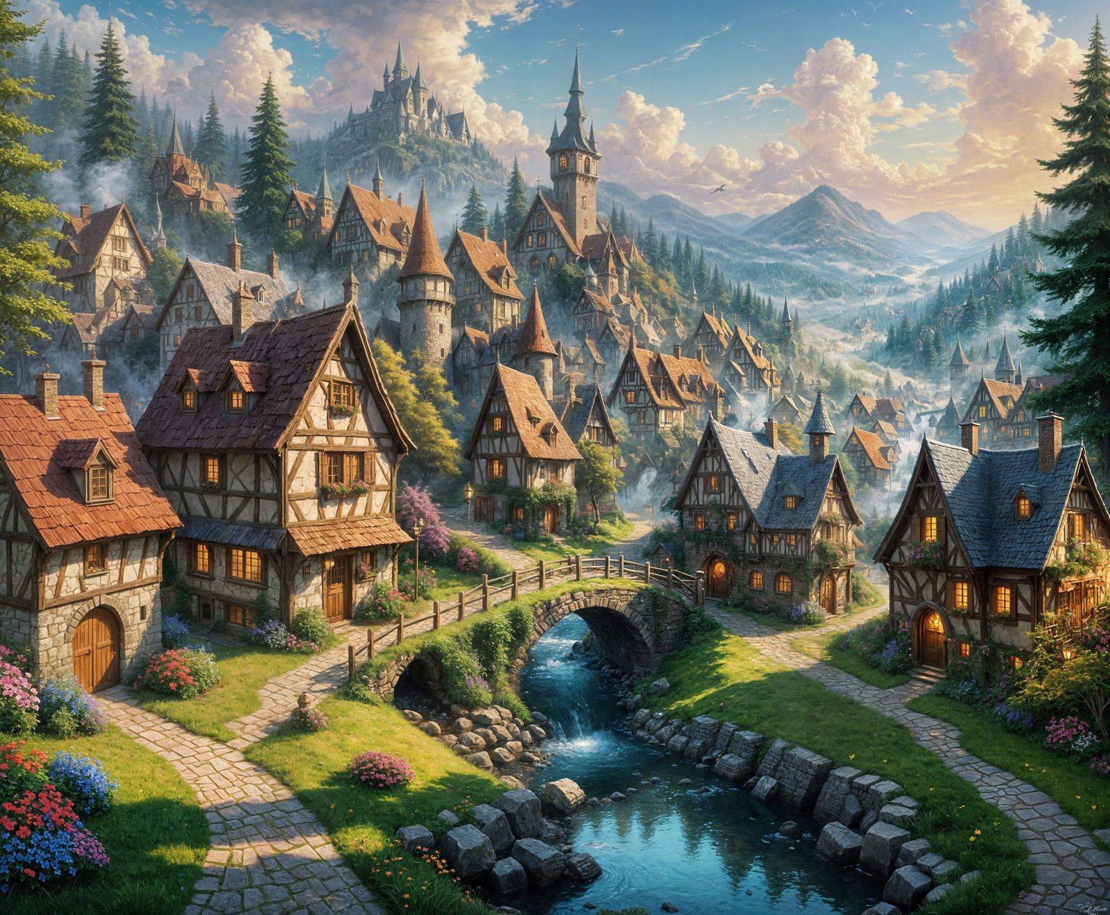 Ethereal Fairytale Village: Hyperrealistic Fantasy Painting