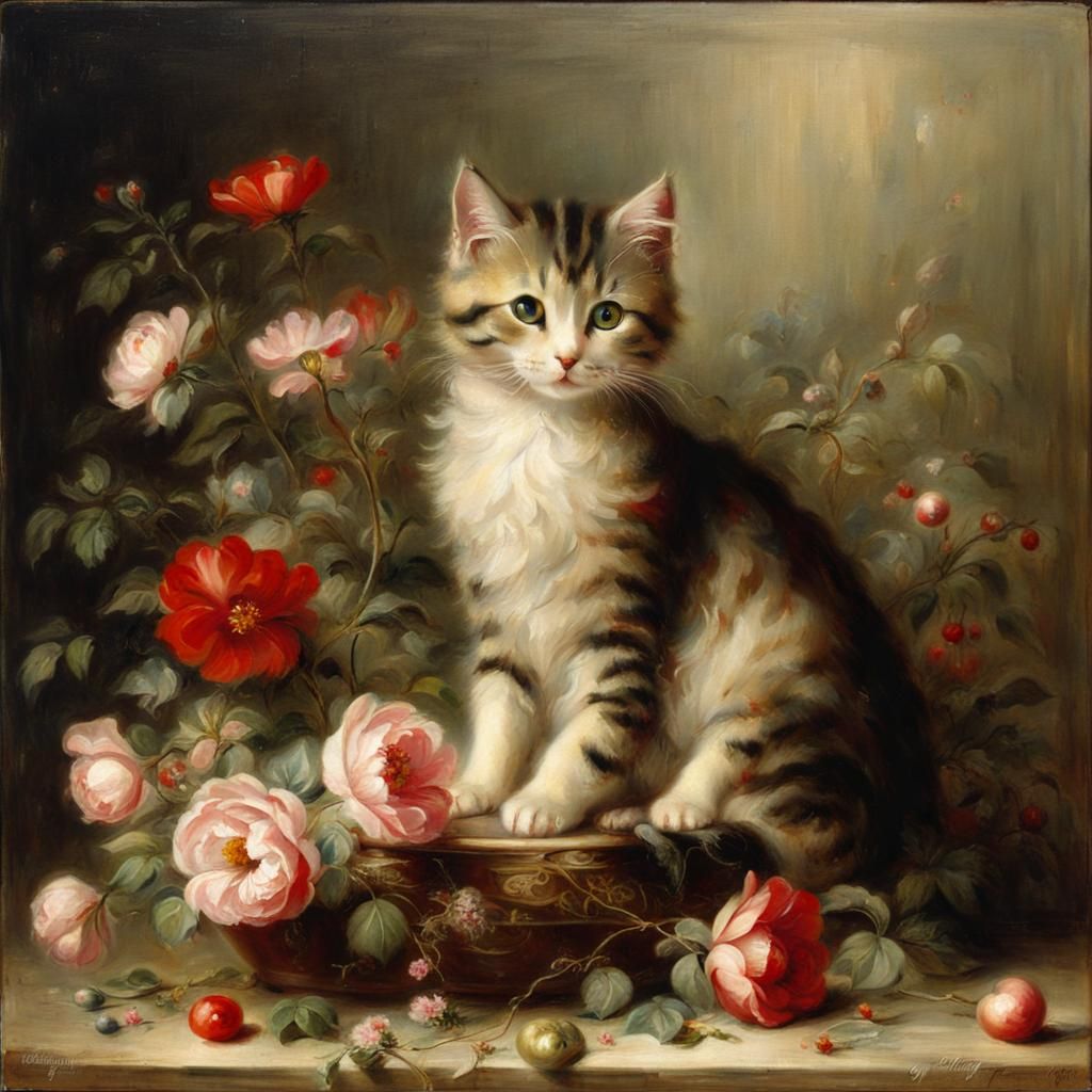 Cat Surrounded by Flowers in Ethereal Style