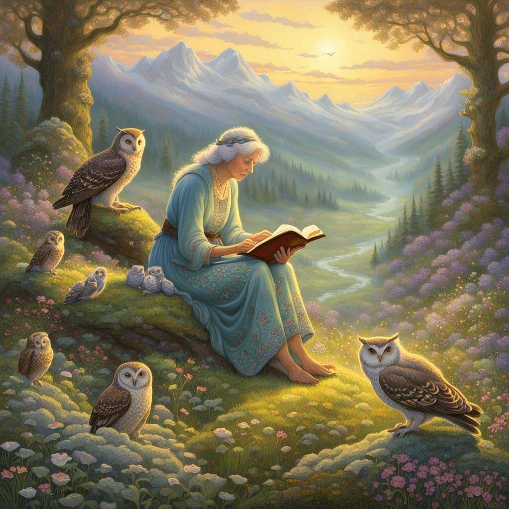 Ethereal Woman Reads to Owls in Whimsical Art Nouveau Fantas...