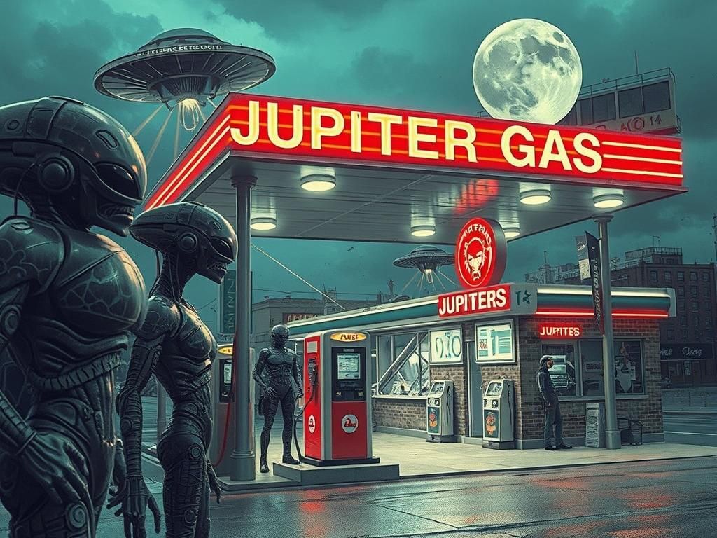 Cyberpunk Alien Gas Station with UFOs