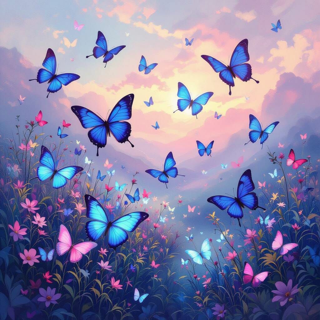 Vibrant Butterflies in a Dreamlike Digital Landscape