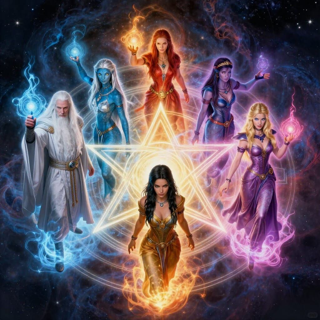 Five Sorcerers Conjure Magic Around Ethereal Pentagram