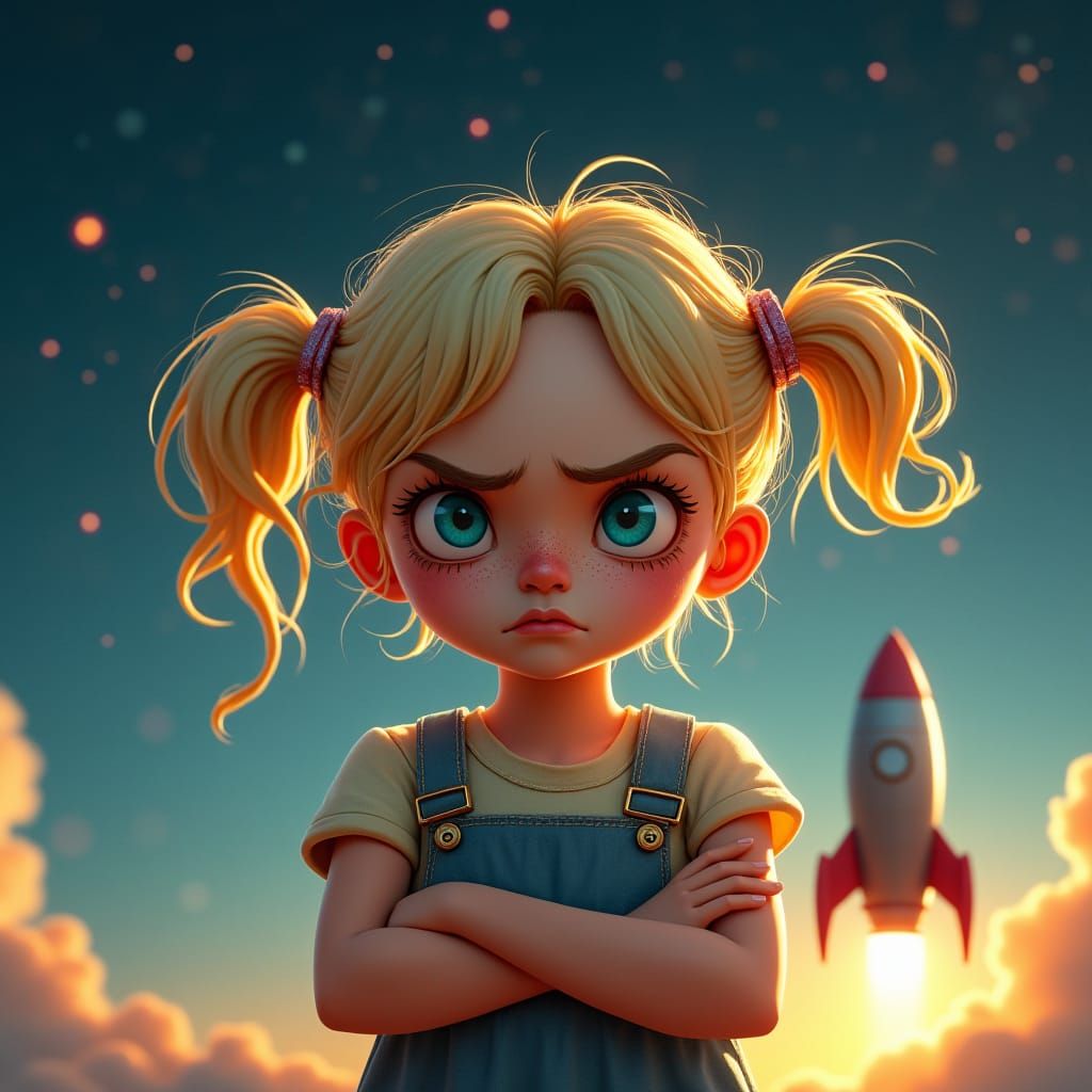 Grumpy Girl and Distant Rocket in Art Nouveau Style