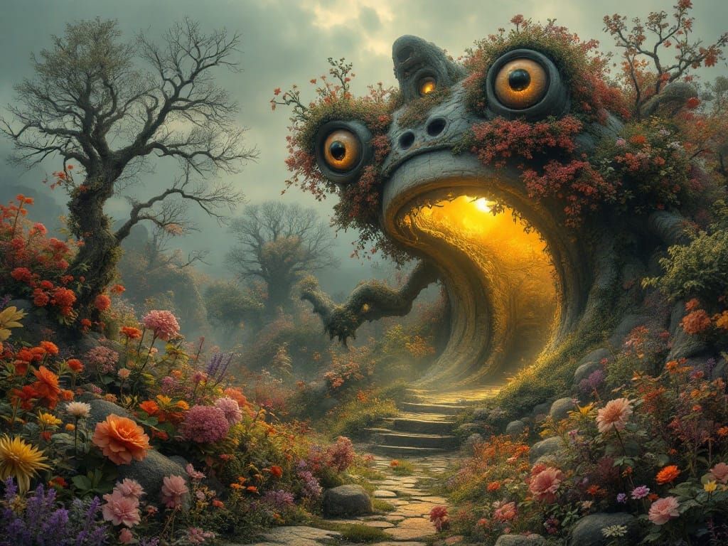 Dreamlike Village with Whimsical Fauna and Floria