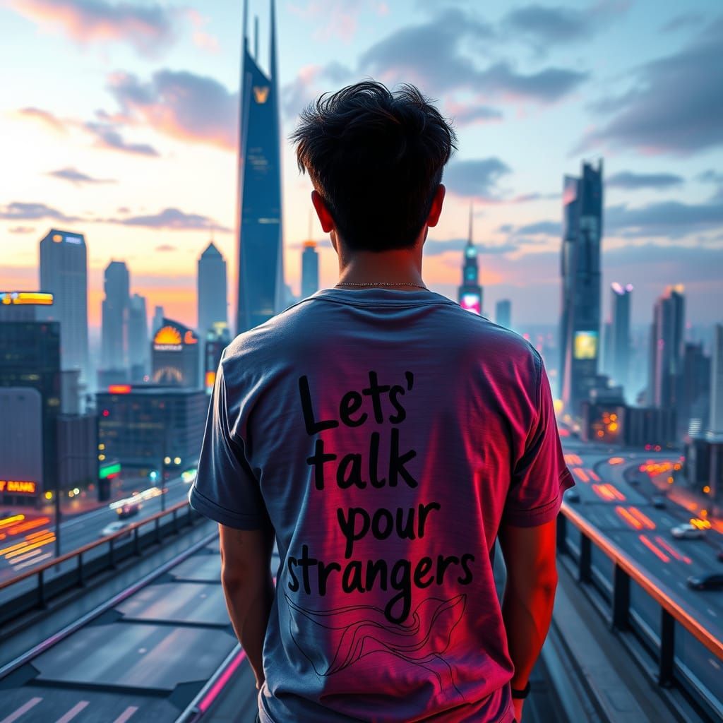 Futuristic Stranger T Shirt in Vibrant Cityscape