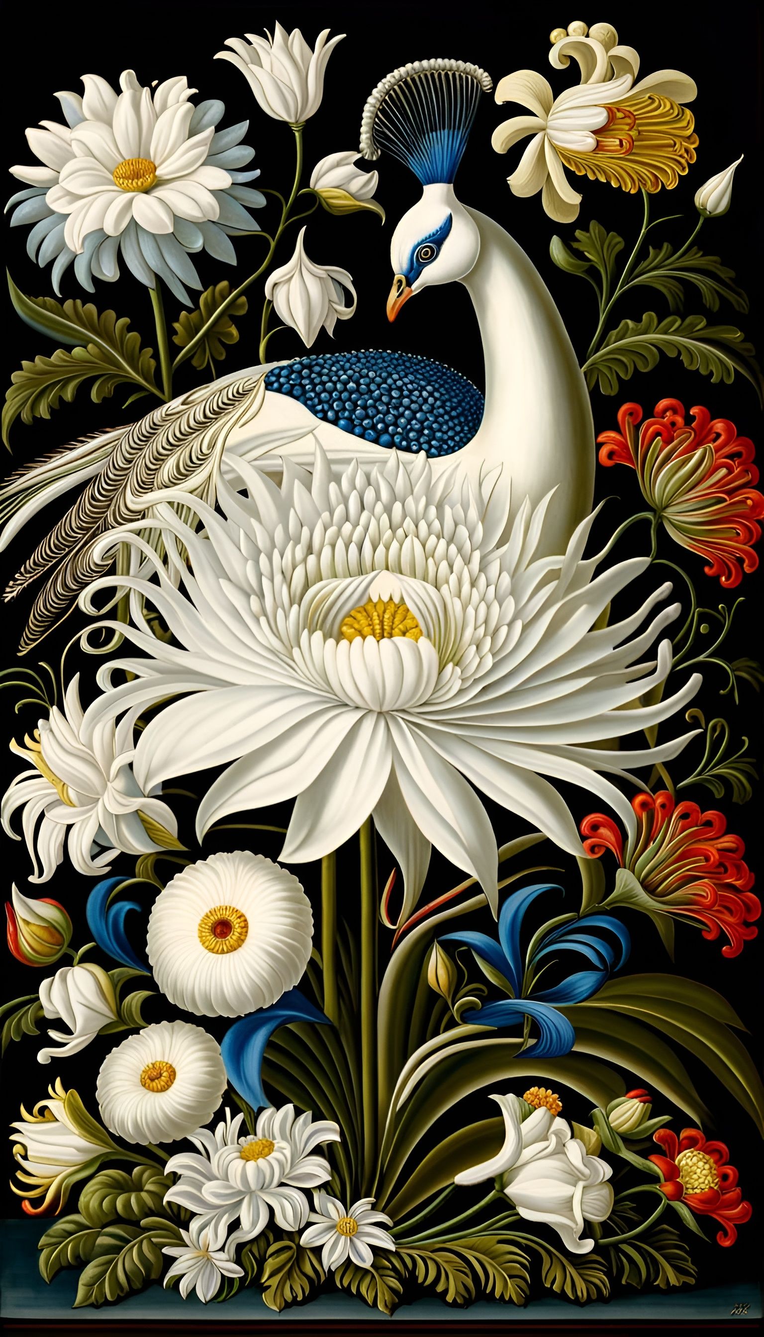 Elegant White Peacock with Lilies, Floral Still Life