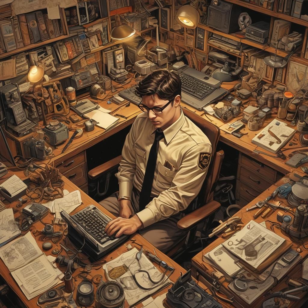Intricate Comic Book Art of Person at Cluttered Desk