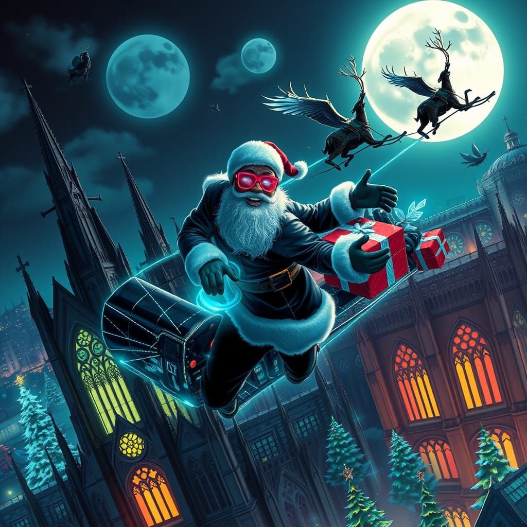 High-Tech Santa Claus Soars Through Moonlit Night