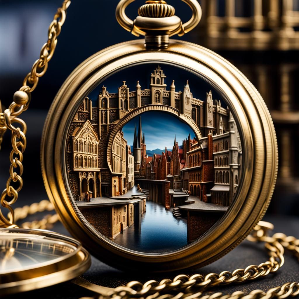 Hyperrealistic Cityscape in Vintage Pocket Watch