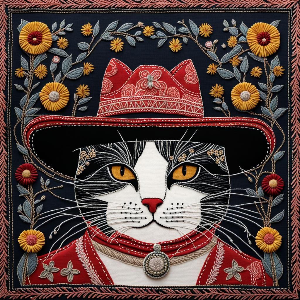 Whimsical Cat in Cowboy Hat Textile Art
