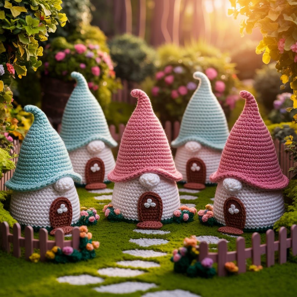 Cozy Whimsical Crochet Village Amidst Sunset Forest
