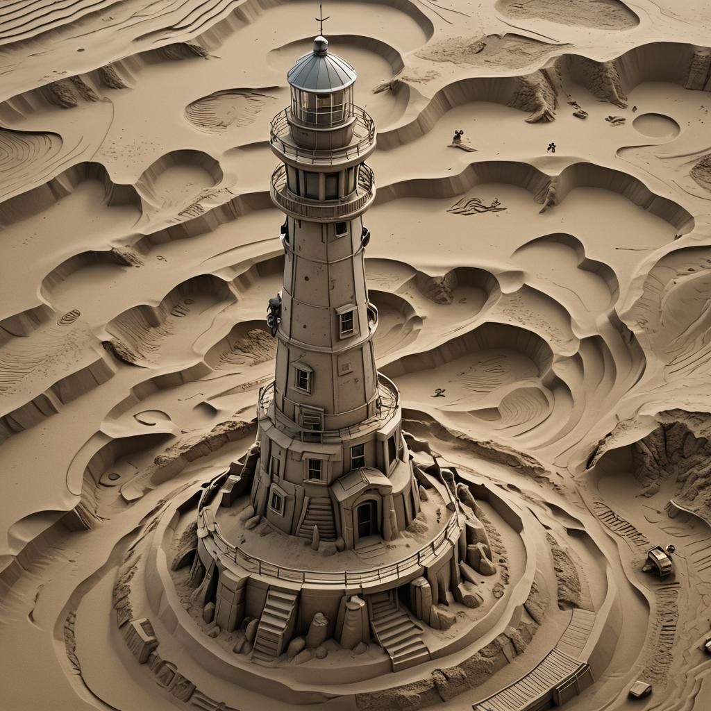 Hyper-Realistic Sci-Fi Sand Lighthouse Sculpture