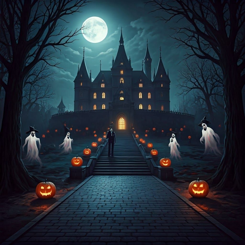 Halloween Party at Dracula's Castle in Digital Art Style