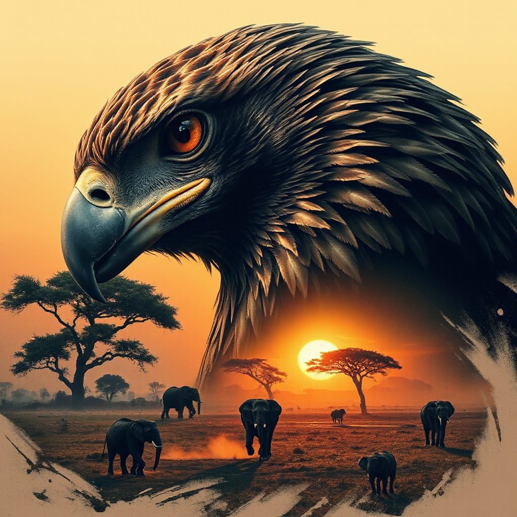 Eagle and Savanna Sunset: A Digital Fusion