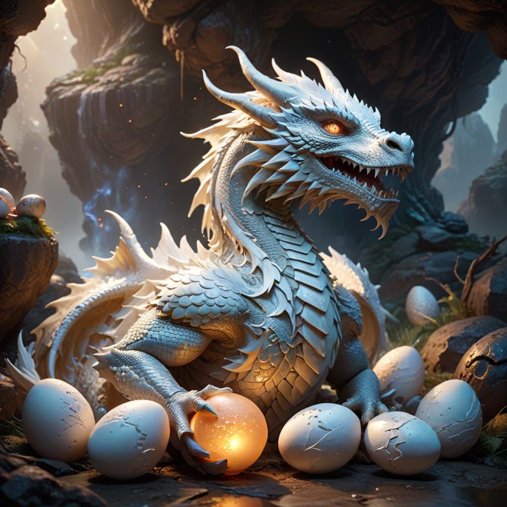 Majestic White Dragon Guards Precious Eggs in Mystical Cave