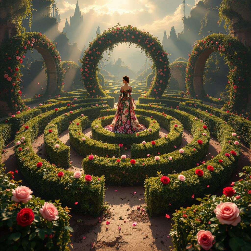 Floating Rose Maze Above Dystopian Earth in Oil Painting Sty...
