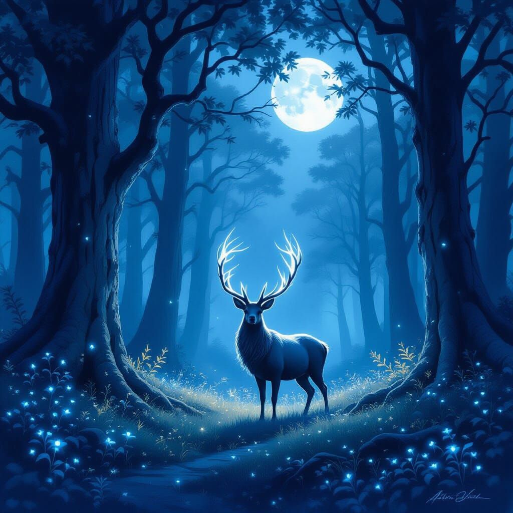 Mystical Stag in Moonlit Forest Clearing
