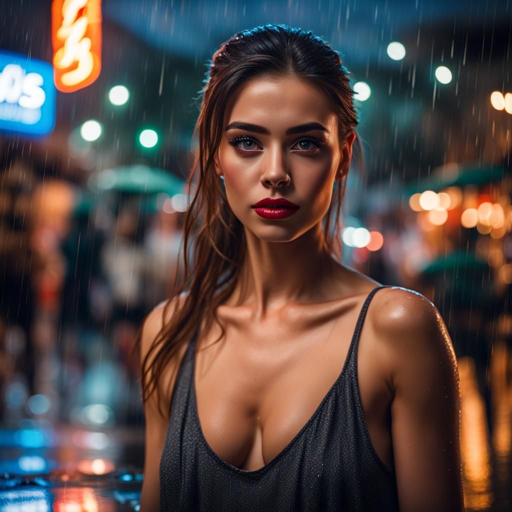 Attractive Dancer in Rainy Mexico Street Scene