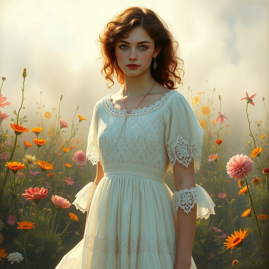 Ethereal Pre-Raphaelite Beauty in a Whimsical Garden