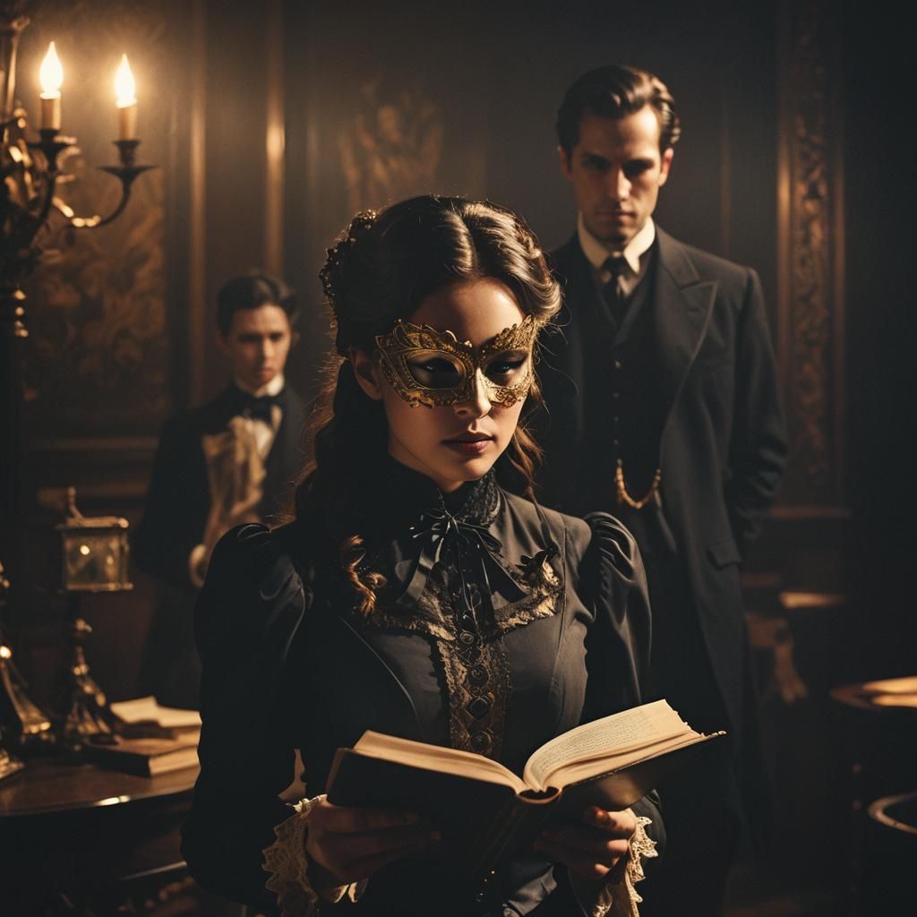 Victorian Girl Reading with Masked Man: Film Still