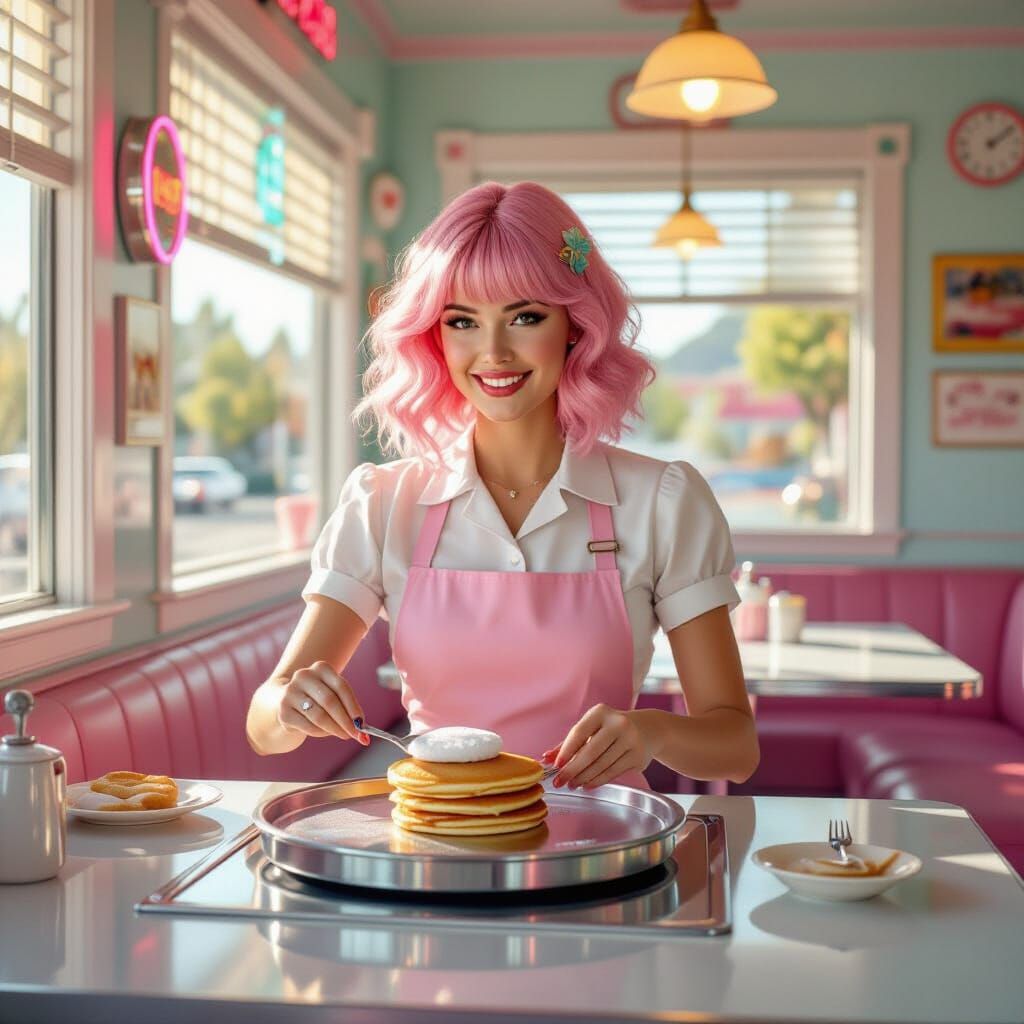 Neo-Retro Diner: Waitress Flips Holographic Pancakes