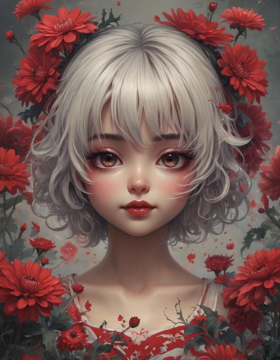 Girl with red chrysanthemums