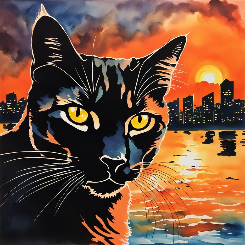 Sunset Cat Silhouette in Watercolor Painting