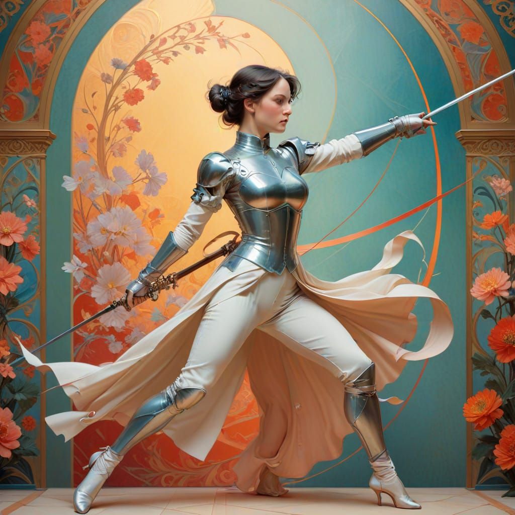 Elegant Fantasy Fencer in Vibrant Pastel Hues