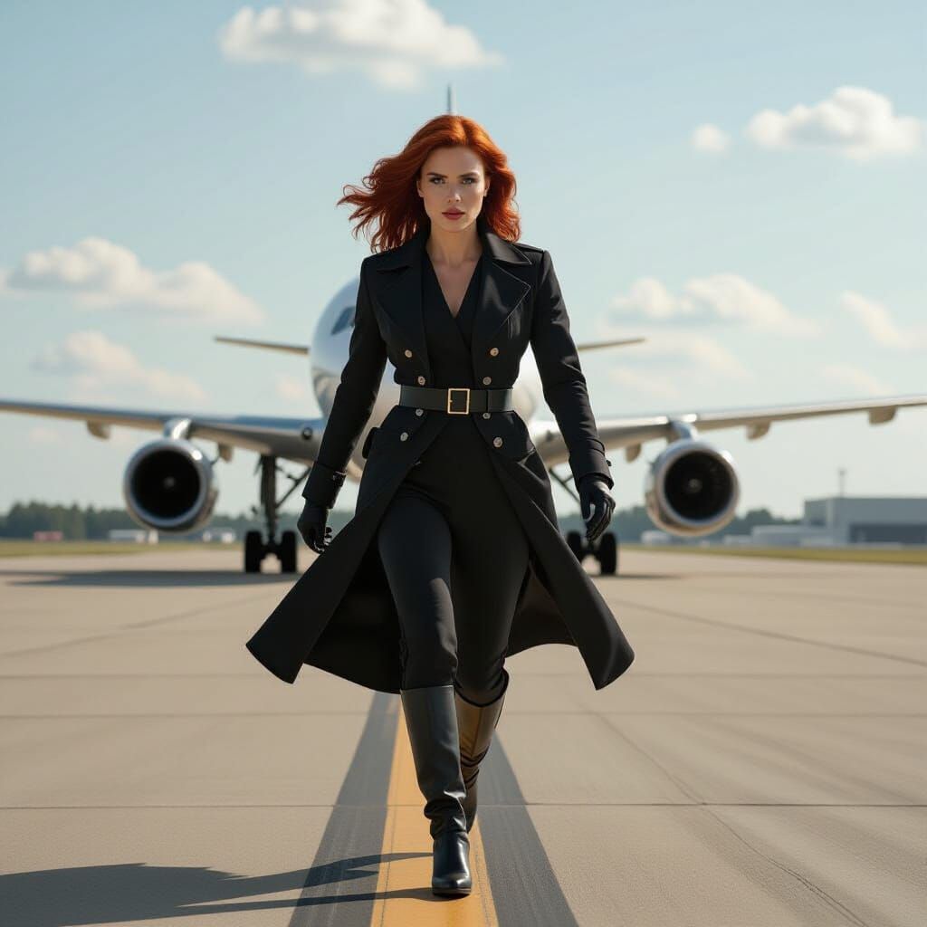 Super Heroine Chasing Plane on Airport Runway