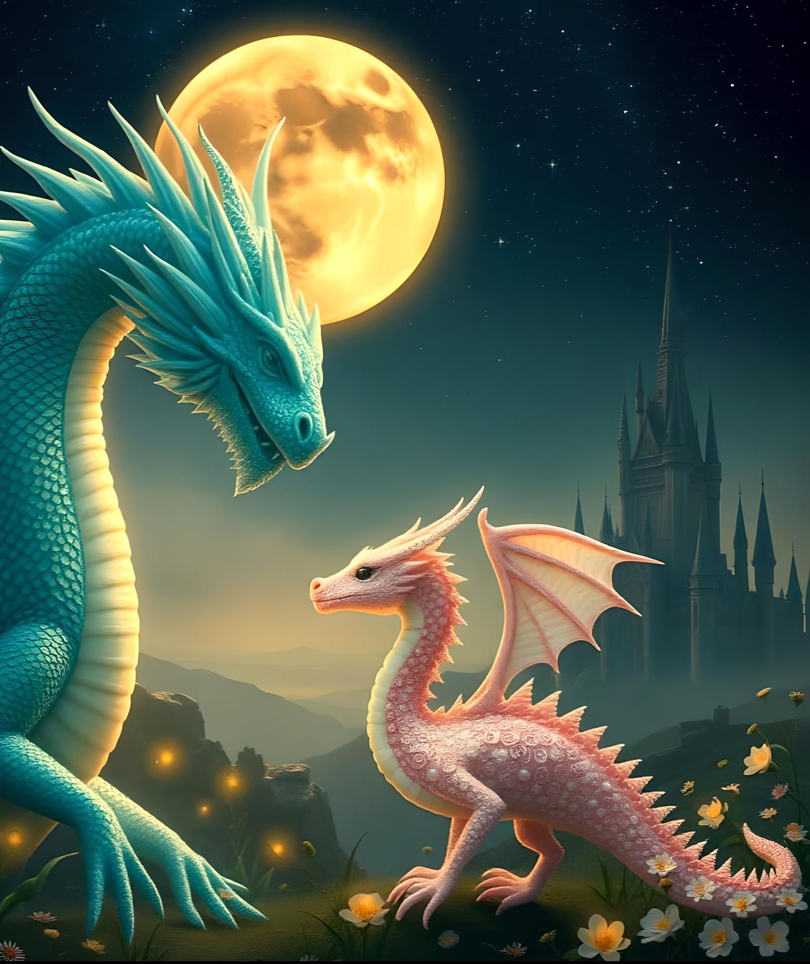 Dragons Kissing Under Golden Moon in Fantasy Style