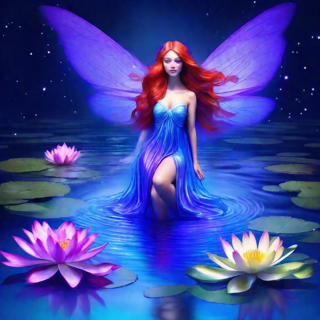 Colorful Fairy Rising from Iridescent Lily Pond