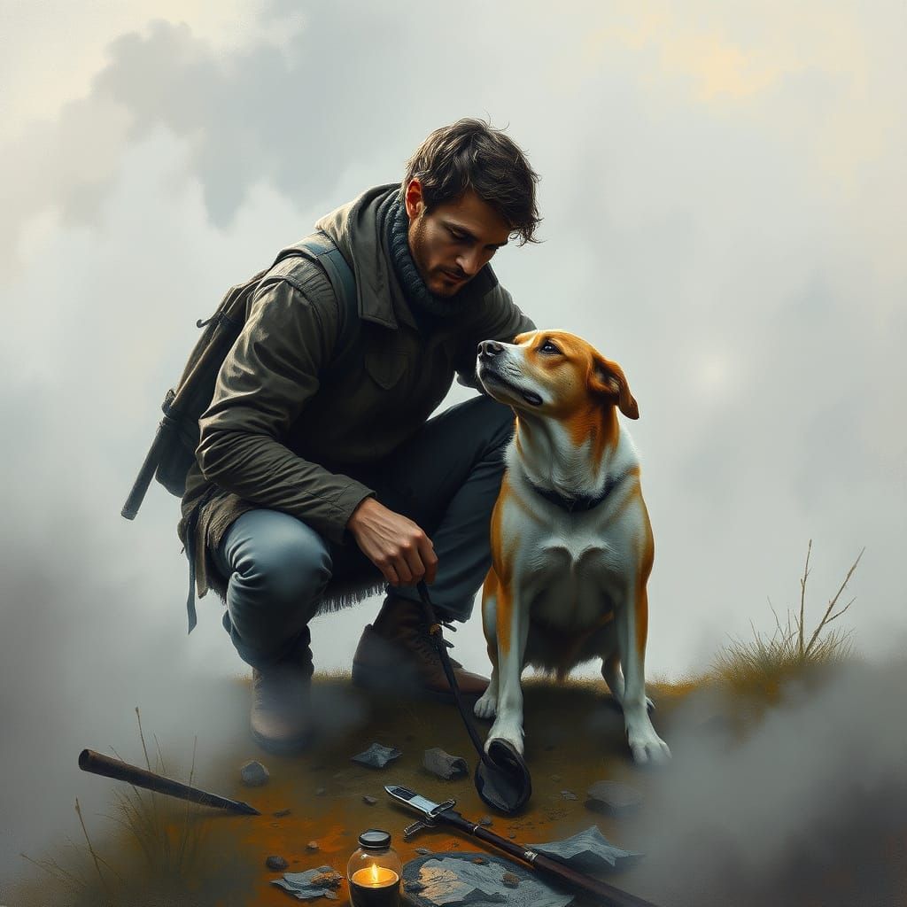 Man and Dog in Ethereal Gouache Fantasy Landscape