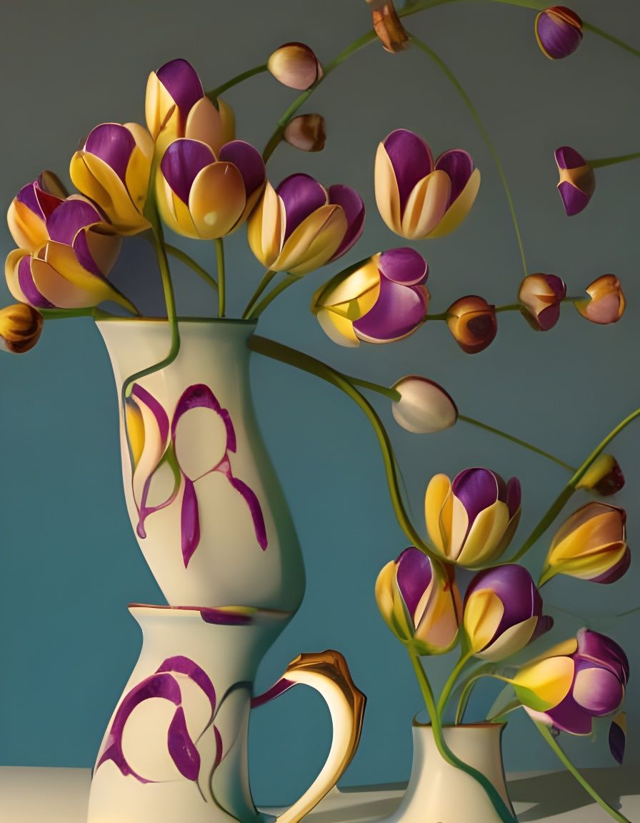 Ceramic Tulips, Teacups, and Teapot Photoillustration